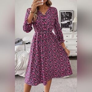 Feminine Floral 3/4 Sleeve Dress Red And Black